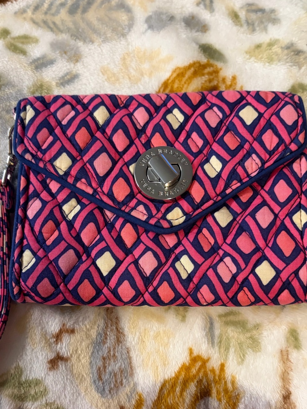Vera Bradley Pink and Navy Geometric Quilted Wristlet